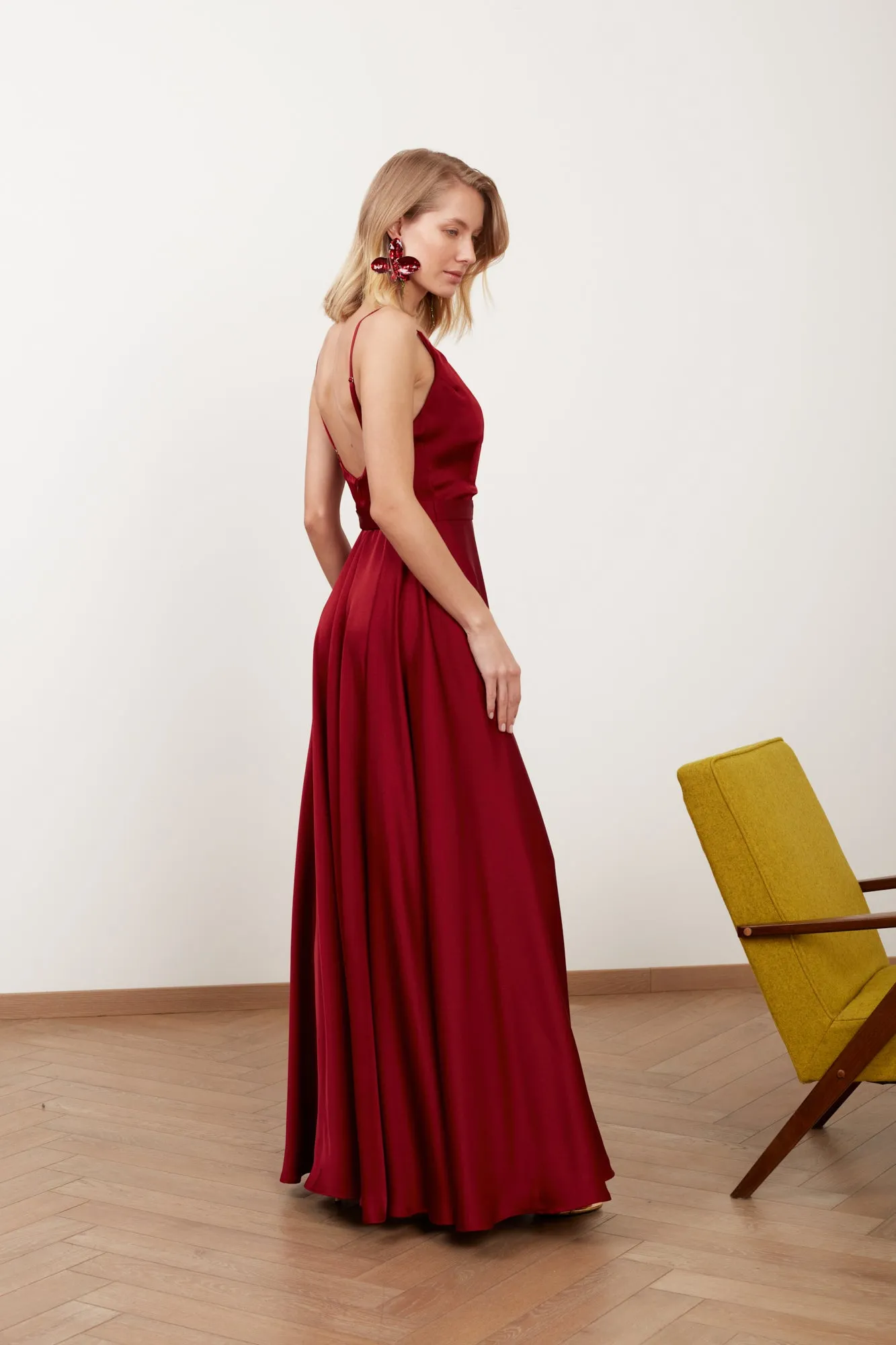 FREYA burgundy red satin maxi wedding guest dress