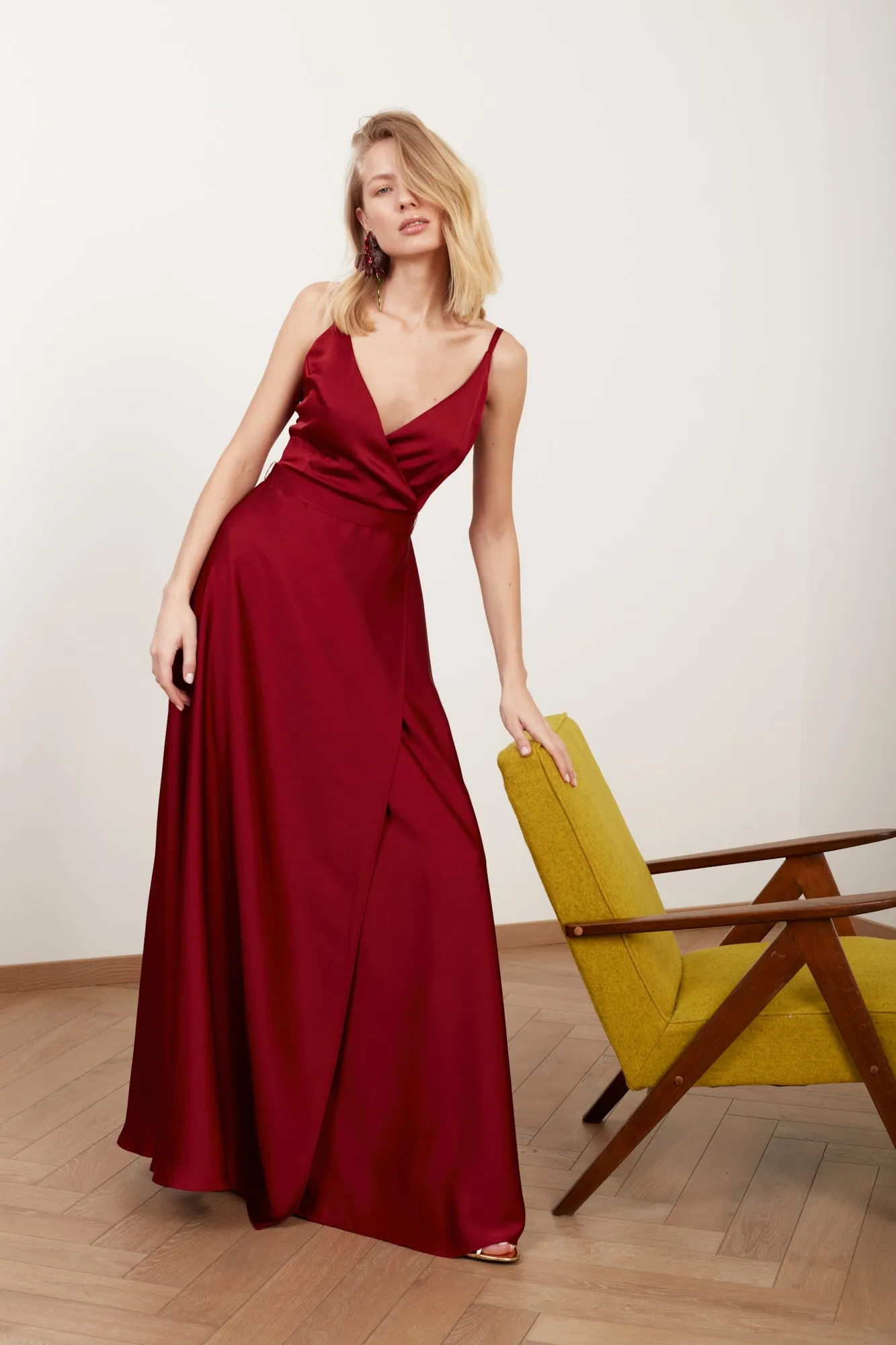 FREYA burgundy red satin maxi wedding guest dress