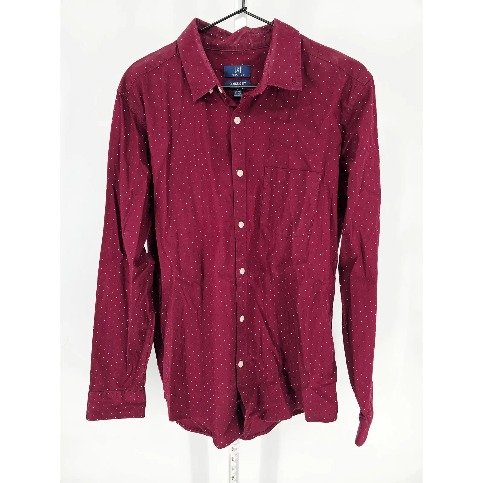 George Mens Sz M Long Sleeve Button Up Dress Shirt Dark Red White Polka Dot