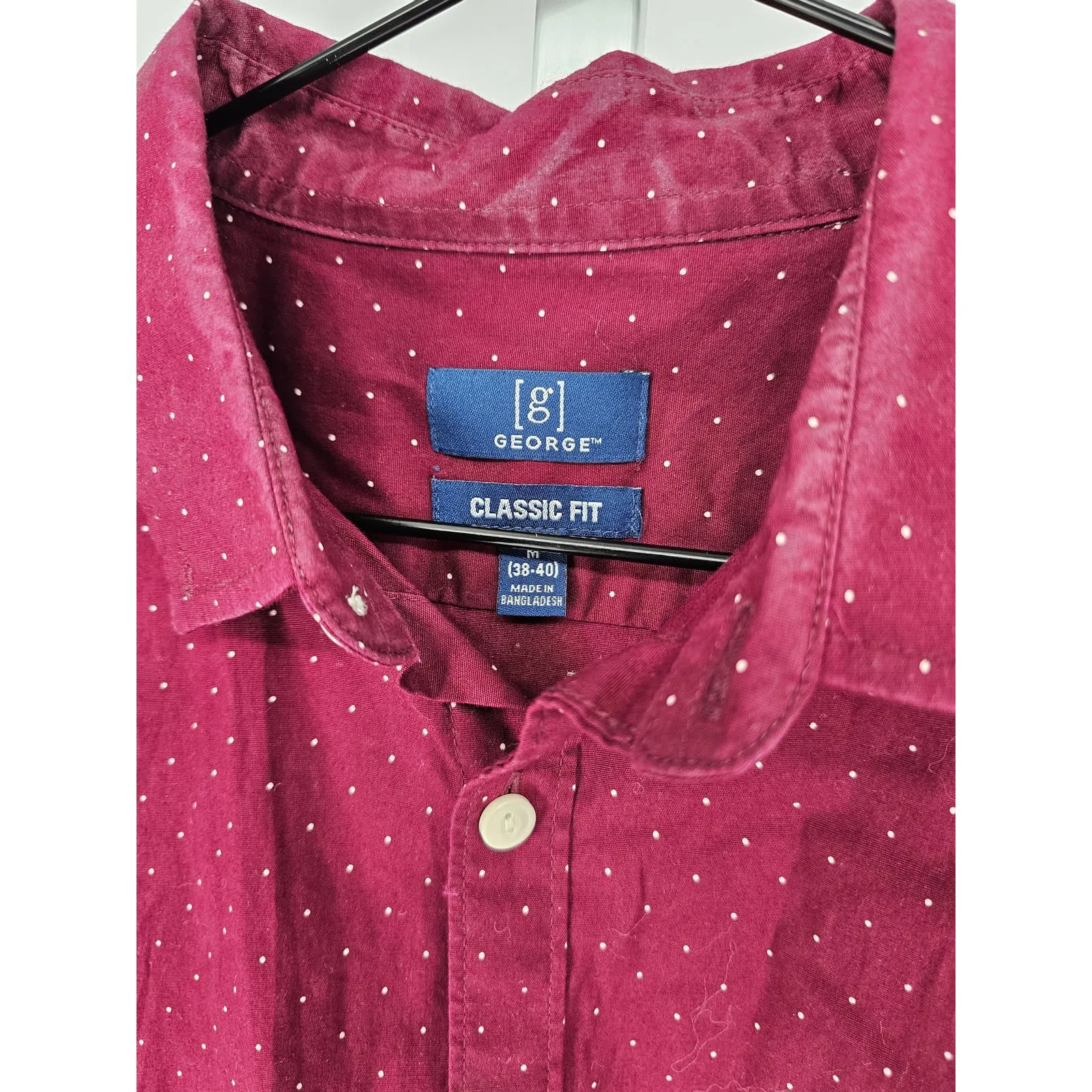 George Mens Sz M Long Sleeve Button Up Dress Shirt Dark Red White Polka Dot