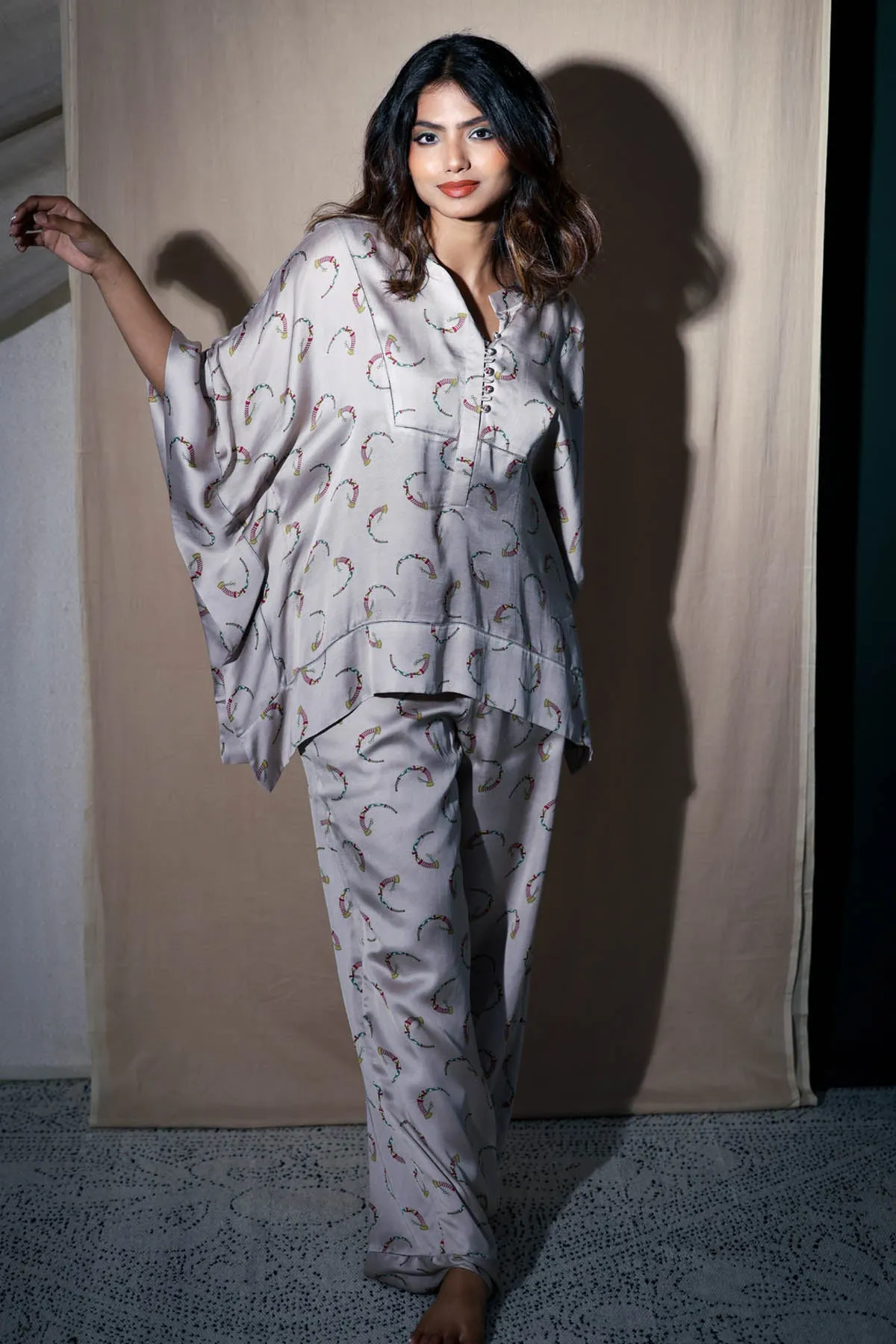 Ivory Printed Collar Kaftan Set