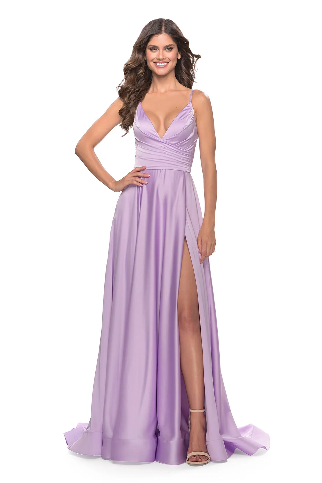 LA FEMME - 31505 - A-Line Satin Gown with Ruched Bodice