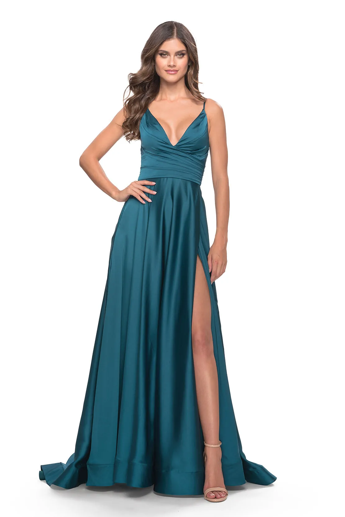 LA FEMME - 31505 - A-Line Satin Gown with Ruched Bodice