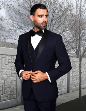 Mens Vested Shawl Lapel Wool Tuxedo in Navy Blue