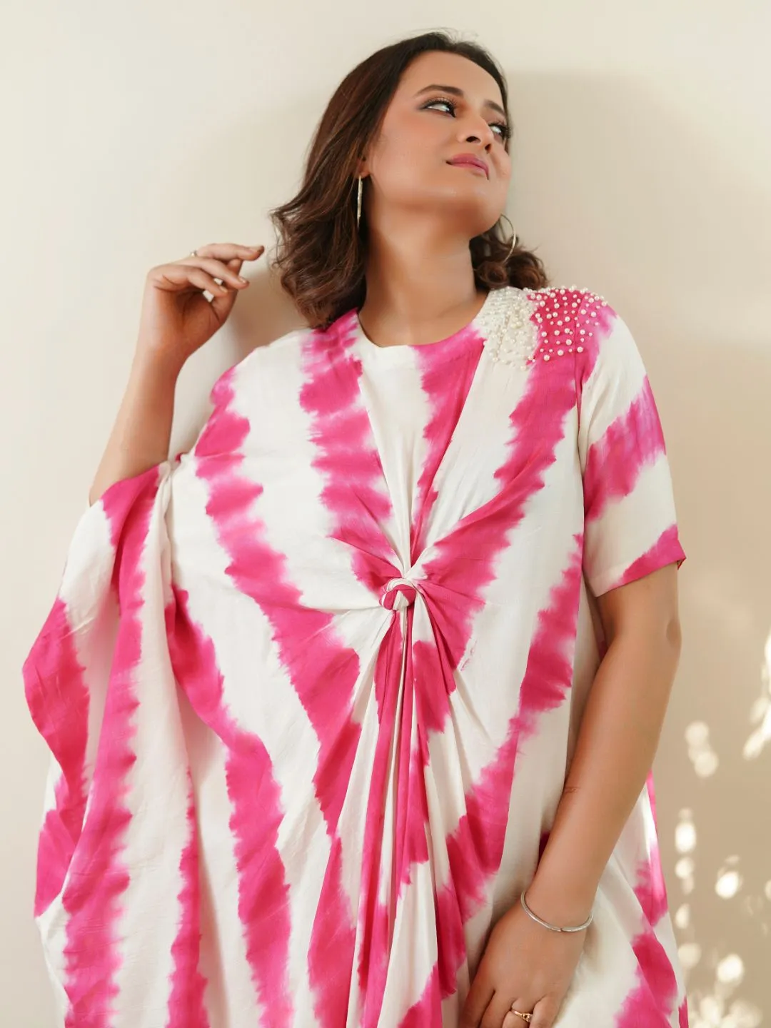 Off-White & Pink Leheriya Kaftan with Pants
