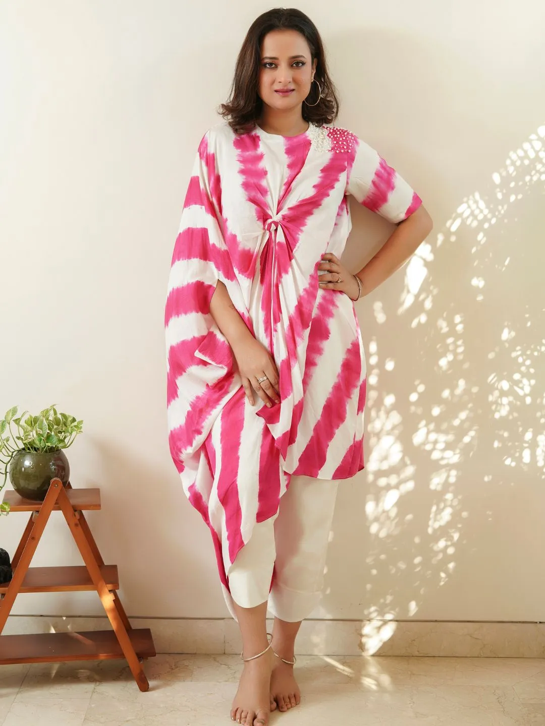 Off-White & Pink Leheriya Kaftan with Pants