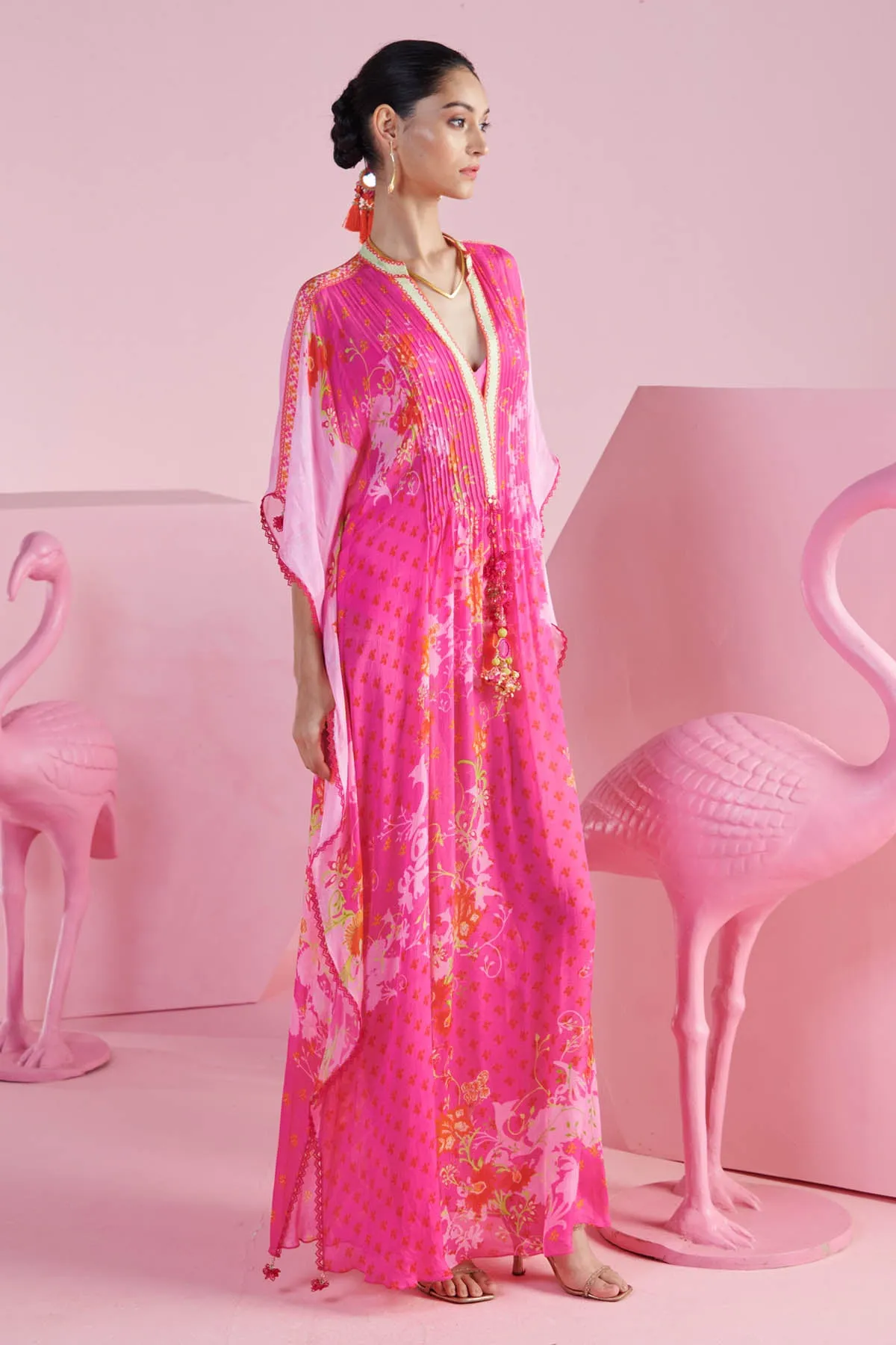 Pink Chiffon Deep V-Neck Kaftan