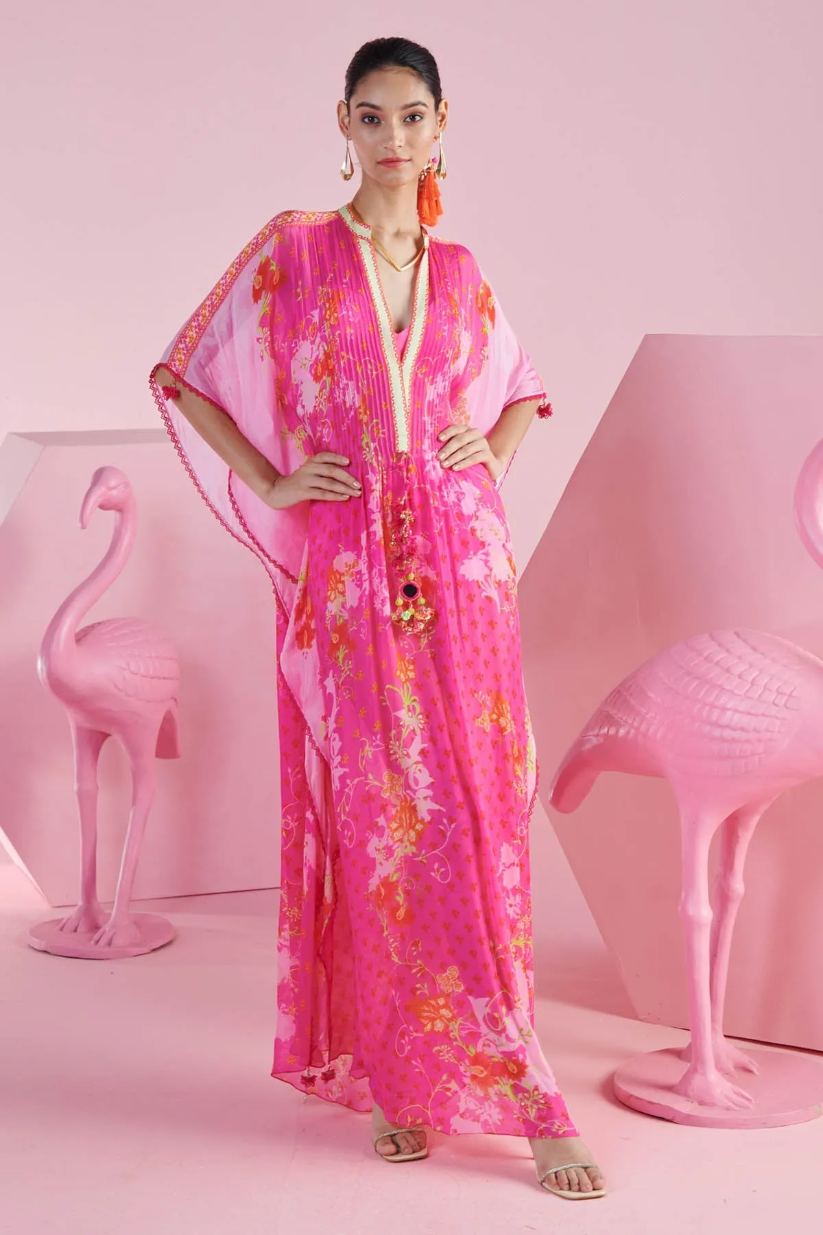 Pink Chiffon Deep V-Neck Kaftan