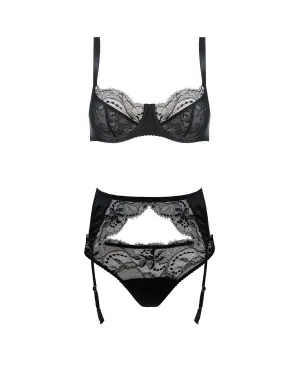 Signature Black Luxury Lace Balcony Bra, Thong and Suspender Belt