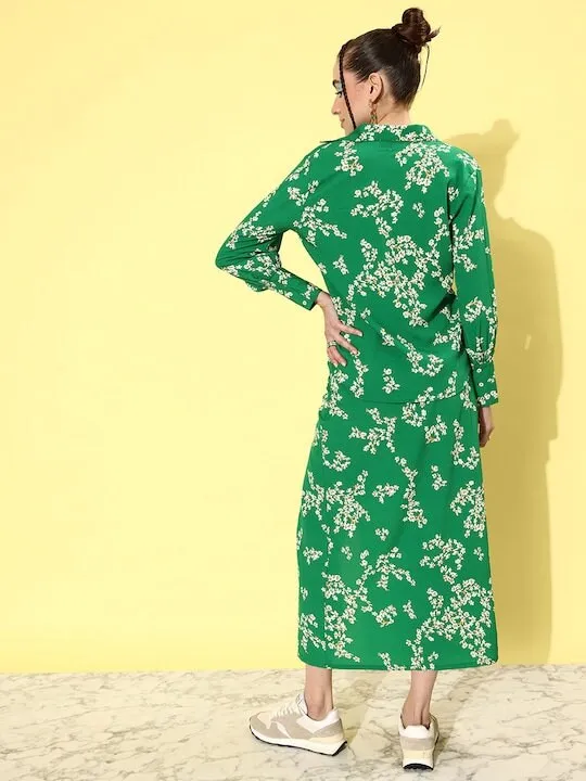 Women Green & White Floral Print Crepe Co-Ords Set
