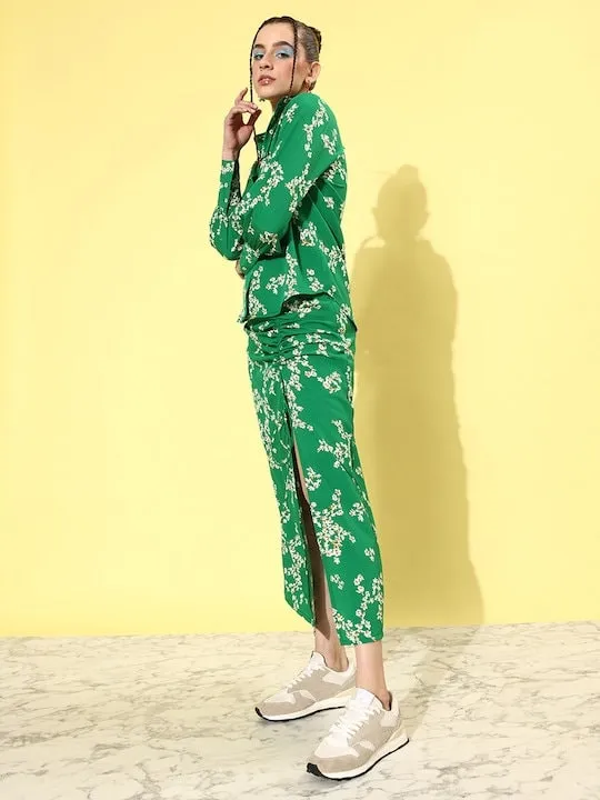 Women Green & White Floral Print Crepe Co-Ords Set