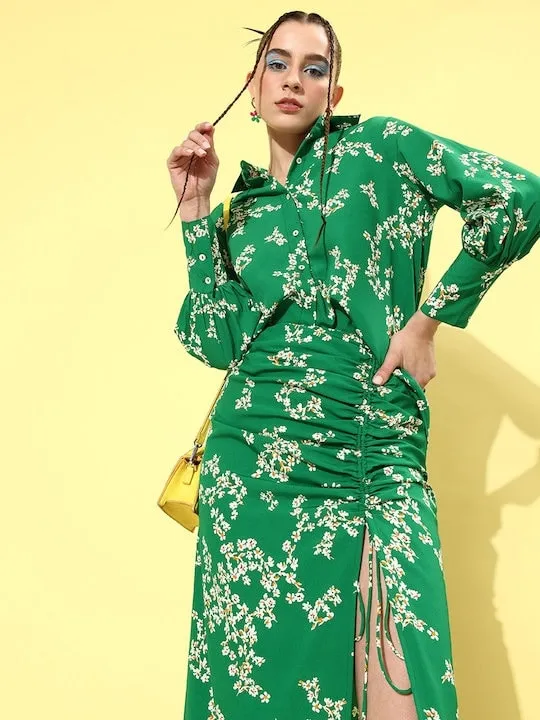 Women Green & White Floral Print Crepe Co-Ords Set