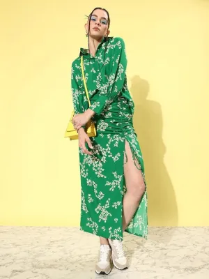Women Green & White Floral Print Crepe Co-Ords Set