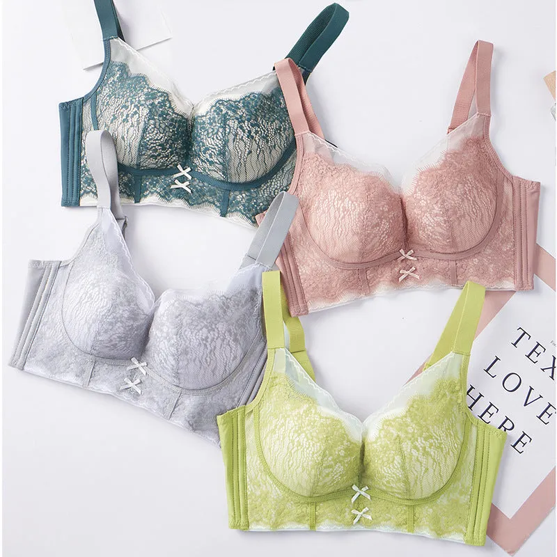 Women's underwear without steel ring, adjustable shape, sexy lace, small chest push-up bra, medium-thick cup, side-collecting breast bra