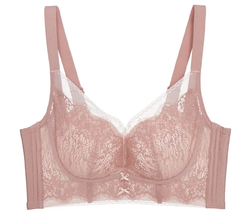 Women's underwear without steel ring, adjustable shape, sexy lace, small chest push-up bra, medium-thick cup, side-collecting breast bra